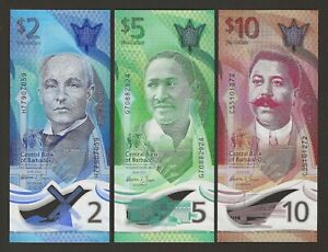 BARBADOS $2 $5 $10 Dollars 2022, P-80 81 82, UNC 3x Polymer Notes, New Series