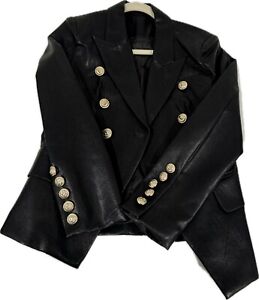 Black Leather Blazer with gold buttons-Medium