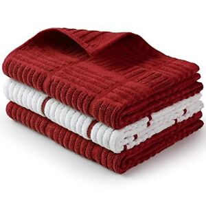 Kitchen Dish Towels Popcorn Texture 100% Cotton 3-Pack Red Stripe
