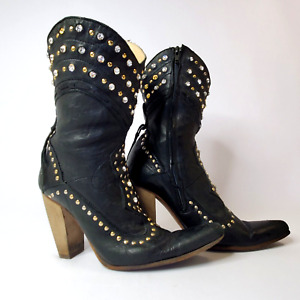 El Vaquero Valerio Giuntoli Black Leather Boots Heels Rhinestone Studded 36.5