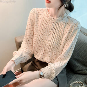 Korean Womens Ruffle Polka Dot Chiffon Spring Autumn Elegant Tops Blouse Shirts
