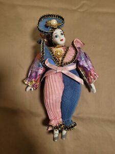 New Listing8 inch Porcelain Mardi Gras Doll in Pinks/Blue/Purple and Gold Pre-Owned