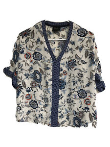 W5 Anthropologie Women S Top Floral Print V Neck Blue Short Sleeve Pullover