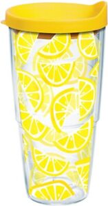 Tervis Tumbler 24oz Lemon Trend w/ Yellow Travel Lid, Insulated Double Wall, EUC