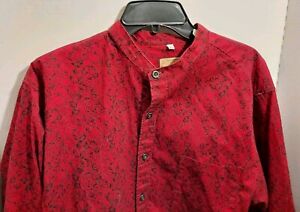 WAH Maker Large Red Floral Button Down Western Frontier Banded Collar Rose Black