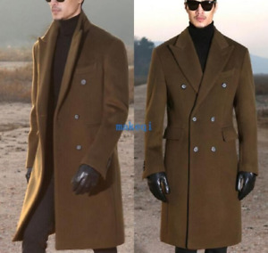 Mens Double-breasted Winter Wool Blend Lapel Trench Outerwear Coats Overcoat New