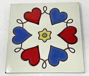 Besheer Art Tile Trivet Early American Quilt Design Heart Star Red Blue