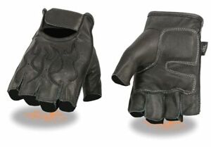 Black Leather FINGERLESS Gloves FLAMES Gel Palm Motorcycle Biker Rider Work Soft