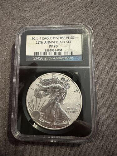 2011 P REVERSE PROOF SILVER EAGLE NGC PF70 FROM 25TH ANNIVERSARY SET BLACK CORE