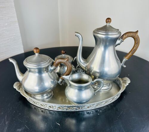 Vintage Royal Holland 5pc Pewter Tea Set Coffee Pot Tea Pot Sugar Creamer Tray