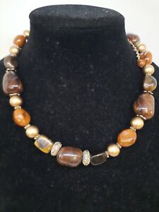 Tigers Eye Gems Beaded Necklace With Earthtone Acrylic And Gold Tones 18 in.