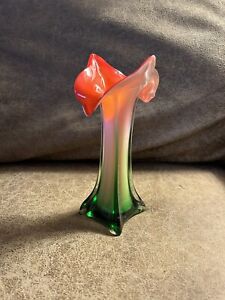 Hand Blown Jack in the Pulpit Calla Lily Flower Vase White Green Red 8” Murano