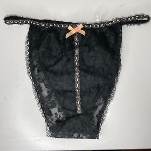 Vintage Kayser Black Nylon String Bikini Panties Sz 6 Lace