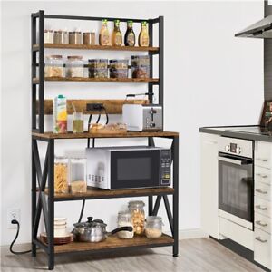 Kitchen Bakers Rack with Power Outlet Microwave Stand Rustic Coffee Bar Station