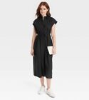Womens Short Sleeve Button Down Collared Cotton Black Midi Dress A New Day Small