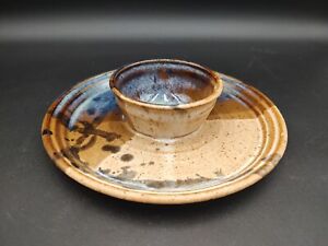 VTG Dublin Pottery Hand Thrown Chip And Dip Plate Bowl Brown Blue Dublin Ohio