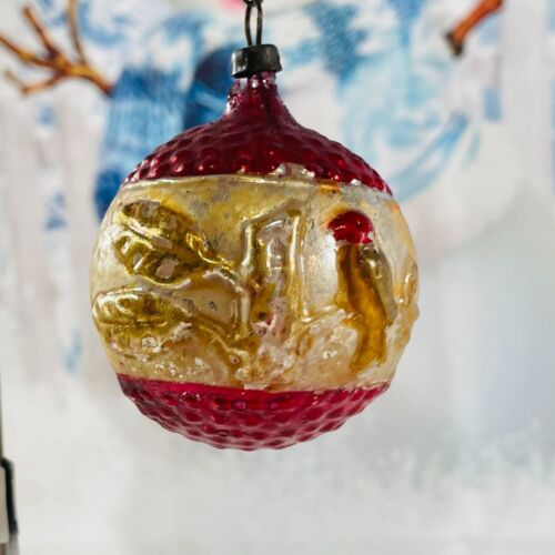 Antique Mercury Glass Christmas Ornaments Bird on Branch Pattern Red/Gold