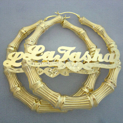 10k or 14k Gold Personalized Diamond Cut Heart Shiny Name Bamboo Hoop Earrings