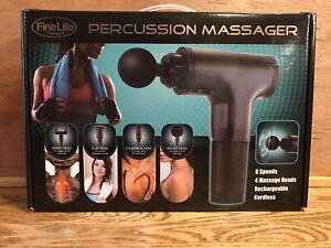 FineLife Percussion Massager Black 6 Speed 4 Massage Heads Rechargeable Cordless
