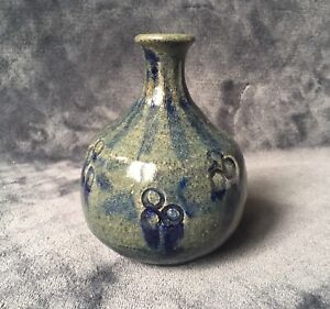 MCM Artisan Studio Pottery Heavy Glaze Incised Accents Stoneware Bulb Vase