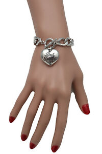 Women Silver Metal Chain Links Bracelet Jewelry Love Heart Best Friend Present