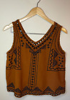 New Look Brown Boho Tank Sleeveless Blouse Peasant Embroidery Boxy Cropped Sz 8