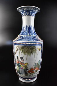F3433: XF Chinese Colored porcelain Woman child FLOWER VASE Ikebana, auto