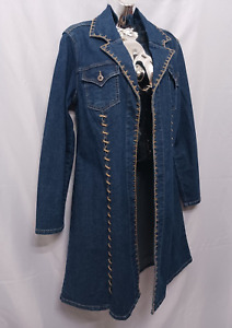 Womens ETHYL DENIM Jacket Western Style Long Blue Denim Duster Lace Size LARGE