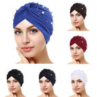 Women's Turban Hat Beaded Pearls Muslim Wrap Hair Cap Hijab Head Scarf Black