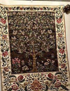 William Morris style Tree of Life Tapestry Wall Hanging 34x26” Brown Cream Pink