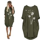 Midi Dress Dandelion Print Vintage Vestidos Long Sleeve O Neck Pocket Loose Robe