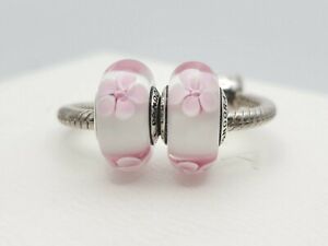 2 Authentic Pandora murano Cherry blossom flowers Signature  Charm Silver 925