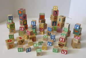 Mixed Lot 60+ Wooden Alphabet Building Blocks nice variety