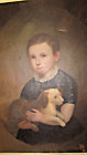 CHARMING PRIMITIVE OIL PAINTING OF YOUNG CHILD HOLDING DOG.