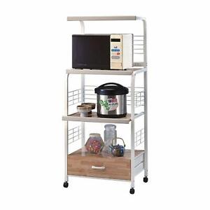 Bakers Rack Wood Microwave Cart Rolling Stand Kitchen Storage Shelf in White