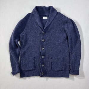 Line of Trade Sweater Men L 100% Shetland Wool Blue Cardigan Knit Shawl Collar