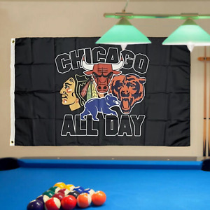 Chicago All Day Bears Cubs Blackhawks Bulls Flag 3x5 Sports Banner Man Cave New