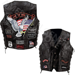 VEST LEATHER Biker Black Buffalo Motorcycle w/ 14 Patches US Flag Eagle Mens MC