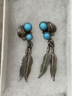 Vintage Navajo .925 Silver Sleeping Beauty Turquoise Feather Dangle Earrings
