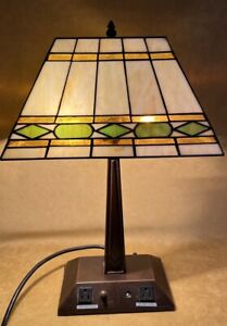 New ListingVintage Mission Art Leaded Slag Stained Glass Lamp Outlets & Phone Jacks In Base