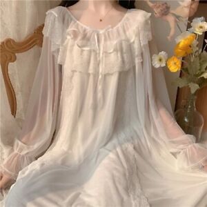 Women Lolita Dress Princess Sleepwear White Lace Mesh Fairy  Victorian Vintage