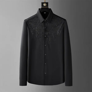 New Luxury Men Diamond Rhinestones Fashion Button-Down Shirt High Quality
