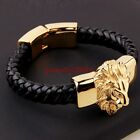 Men's Black Genuine Leather Bracelet Gold Plate Stainless Steel Animal Lion Head