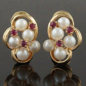 Vintage Solid 14K Yellow Gold, Pearl & Ruby Cluster Omega Back Earrings