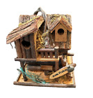 Wooden Rustic Fishing Log Cabin Large Birdhouse with Sign