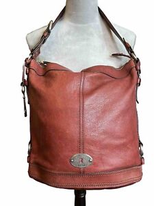 FOSSIL Maddox Bucket Bag Brick Red Pebbled Leather Shoulder Bag Tote Silver Key