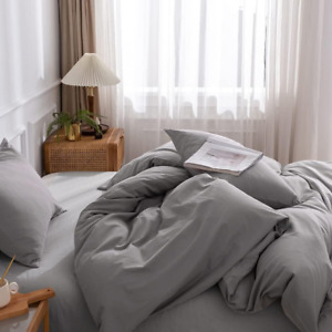 Linen Grey 100% Washed Cotton Duvet Cover Set, 3 Pcs Breathable Soft Bedding Set
