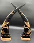 New ListingPair Of Hand Carved Buffalo Horns On Wooden Bases Eagle Carving 12”
