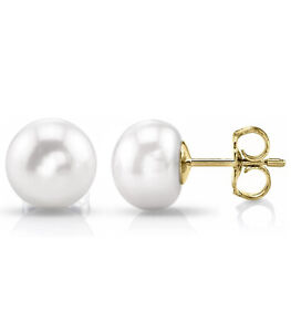 14K Solid Gold 10MM Freshwater Pearl Stud Earrings | SHIPS FROM THE USA