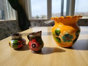 Vintage Flower Floral Mexican Pottery Bud Planter Vase Creamer Pitchers